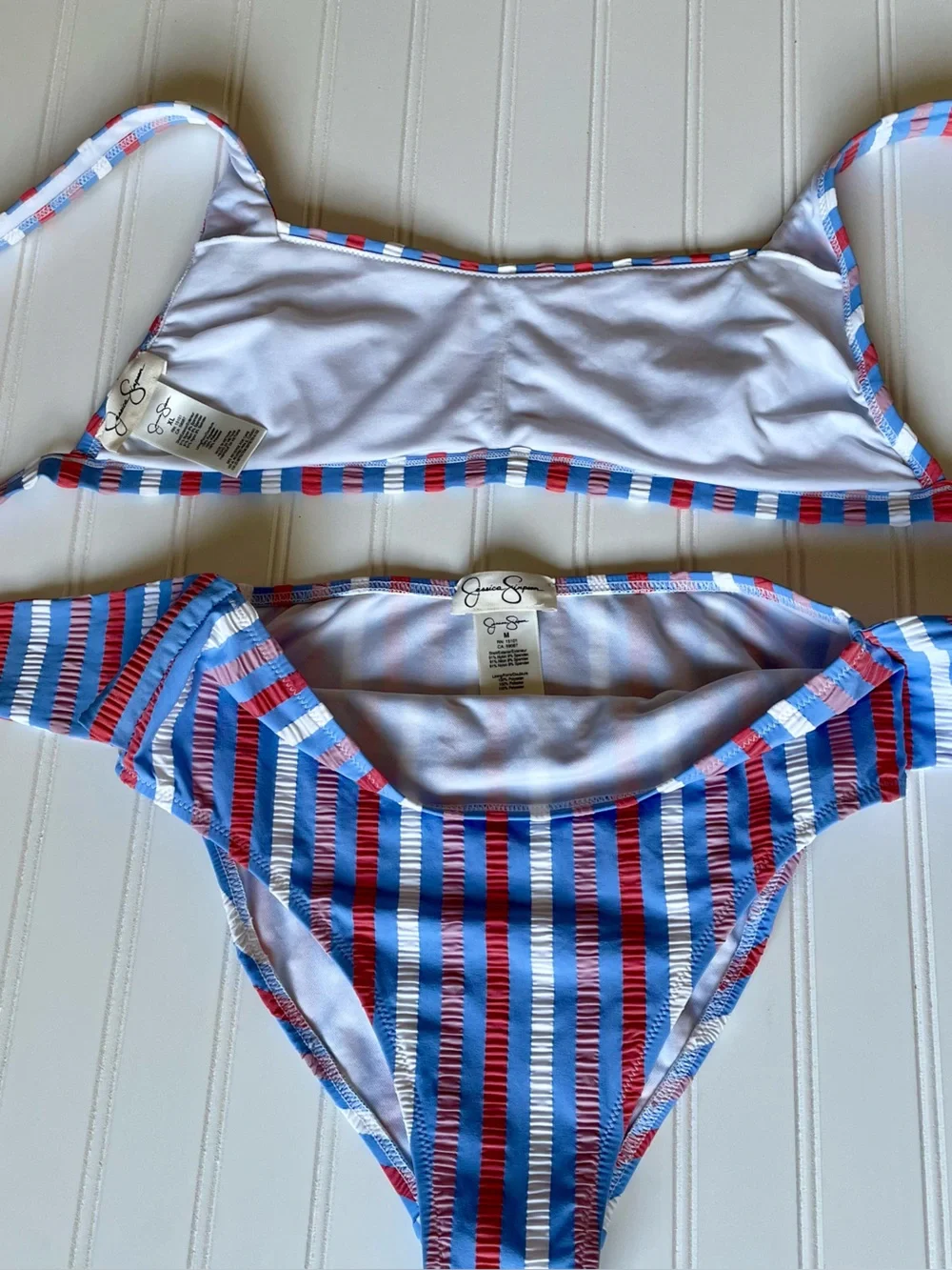 Jessica Bikini Retro Scoop Top HR Tie Waist Bottom Crinkle Sunset Stripe Large